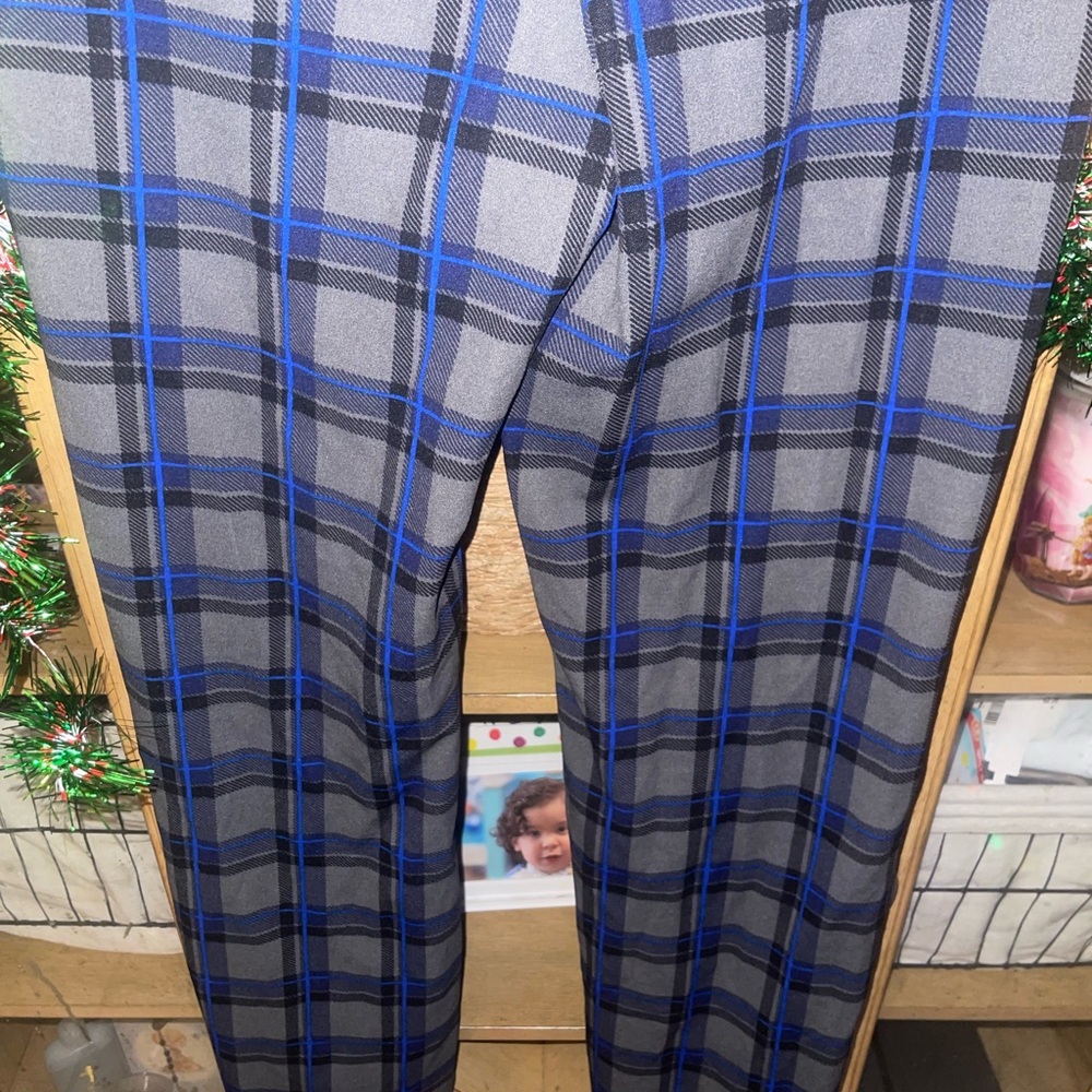 Women Gray and Blue Plaid Pants / camo tassel legging pants